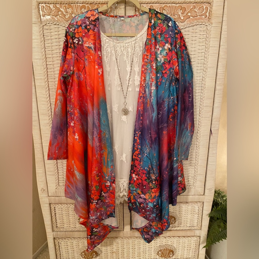 NEW Boho open lightweight cardigan, L, Van Gogh style water color design